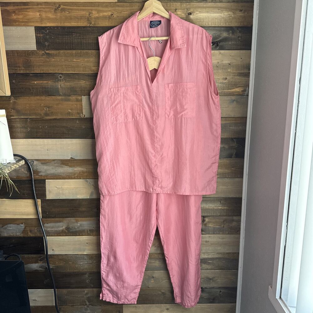 Vintage Jennifer Moore Pink 100% Silk Pajamas Set L Sleeveless Top Pull On Pants